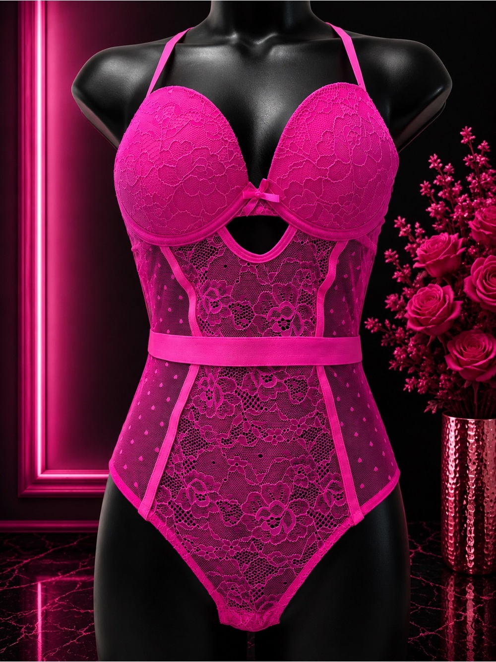 Fashion Nova Hot Pink Lace Bodysuit